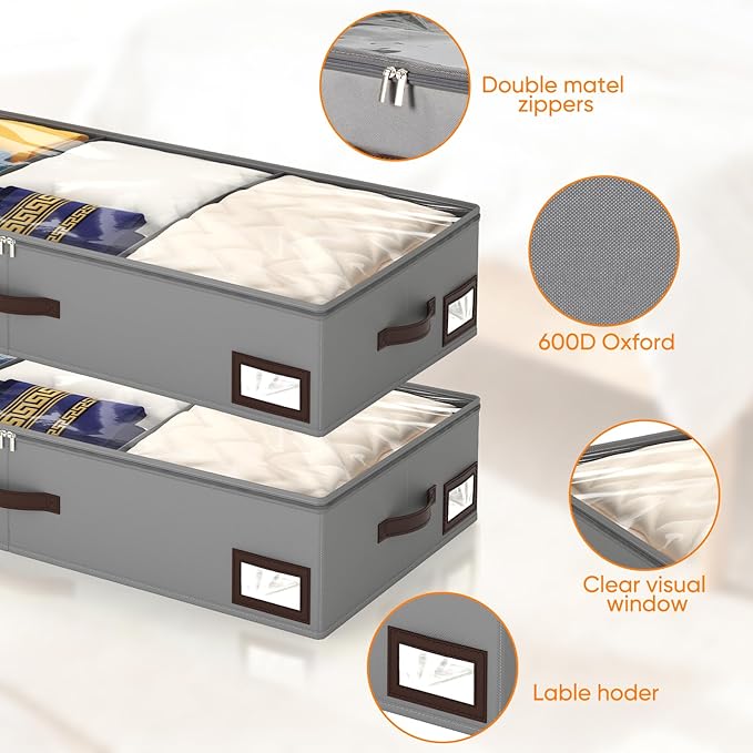 OIAHOMY 2 Pack Under Bed Storage, 6 Inch High Under Bed Storage Containers with Adjustable Dividers, Dual Zippers, &Clear Lid, 53L Under Bed Drawers For Clothes, Blankets, Clothing, & Shoes, Grey