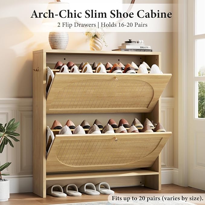 Nicetree Arch-Chic Shoe Cabinet for Entryway, Modern Mid-Century Shoe Storage Cabinet with Fluted, Narrow Shoe Rack with Adjustable Shelves & Tipping Protection, Fits Men's Size 13.5 Shoes