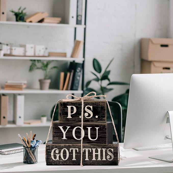 Yuntau 4 Pcs Farmhouse Motivational Office Desk Black Decor P. S. You Got This Wooden Tabletop Inspirational Tiered Tray Decorations Rustic Sign Block Gift for Women Home Kitchen Shelf
