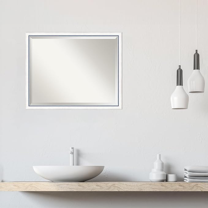 Amanti Art White Wall Mirror 24x30 Morgan White Blue Rectangle Bathroom Mirror for Wall Decor Living Room, Large Modern Wood Frame, Hangs Horizonally and Vertically, Bathroom Decor, Beveled Edge
