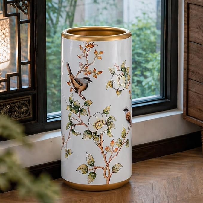Ceramic Entryway Umbrella Stand,Handmade Appliques Chinese Umbrella Stand Barrels,Vintage Floor Standing Cane Holder Placed & Flower Vases for Hotel Office Home Entrance,A,17.3in