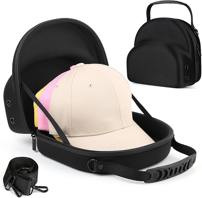Hard baseball hat case, Hat Carrier Travel Case with Adjustable Shoulder Strap, Hat cap case for 3 Baseball Caps - Perfect for Traveling & At-Home Storage (Black)