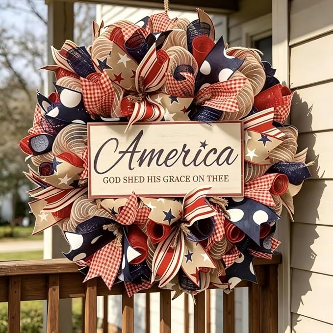 4th of July Decorations Outdoor Patriotic Wreaths for Front Door 250th Anniversary Decorations Red White and Blue American Flag Wreath (America 1)