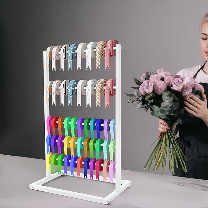 5-Tier Freestanding Ribbon Organizer Rack, White Metal Scarf Storage Display Stand for Craft Room, Gift Wrapping Paper Towel Hanger, Floor Standing Hanging Shelf for Home Store