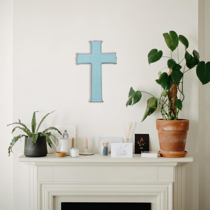 Bltgh Blue Wooden Cross Wall Decor, Religious Cross Gifts With Hook on Hanging Wall Or Table, Confirmation Cross Gift, Baptism Gifts, Rustic Home Church Room Crosses Décor, 10x6.5 IN