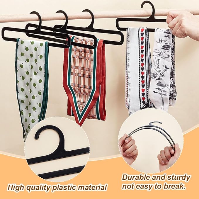 AHANDMAKER 10Pcs Plastic Hanger, Scarf Hanger Black Rectangular Towel Holders Space Saving Scarf Organizer Hooks Closet Organizers and Storage for Ties Scarves Belts, 8.4x3Inch