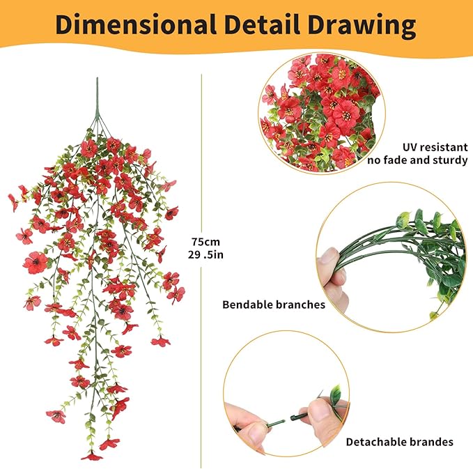 Artificial Hanging Flowers for Outdoors, 8 Pcs Fake Plant for Spring Summer Decoration, UV Resistant Realistic Silk Faux Flowers Outside Indoor Planter Porch Patio Balcony Yard Decor