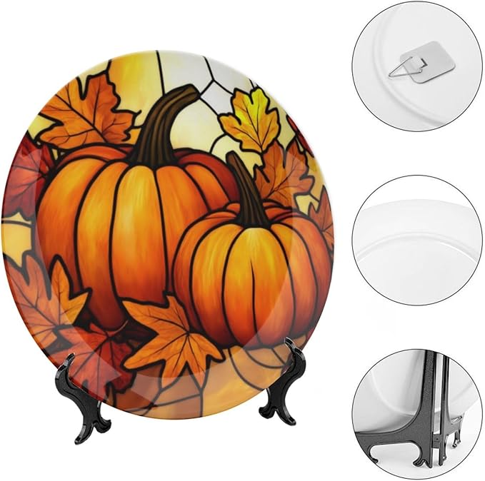 pumpkin theme Decorative Ceramic Plate Round Porcelain Plate,10 inch,Autumn Stained Glass pattern,for Decorative Ornaments Giving Plates,1 Plate with 1 Display Stand,Orange red