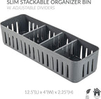 Simplify 4 Compartment Stackable Bin with Adjustable Dividers | Drawer Organizer | Storage Basket | Good for Office | Desk Supplies | Dorm |Bathroom | Accessories | Make Up | Grey