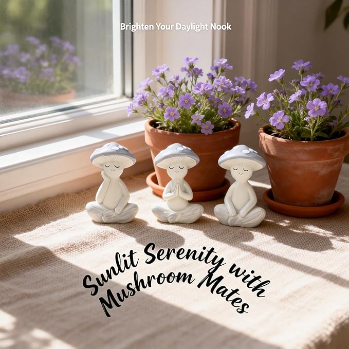 3 Pcs Mushroom Decor Figurines - Meditation Decor Statues for Living Room, Bedroom, Office - Resin Sculptures for Mindfulness Enthusiasts Home Decor Lovers Nature Lovers (Grayish White)