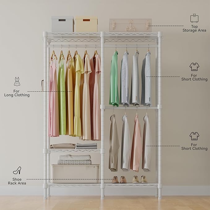 H18 Clothes Rack for Hanging Clothes, Heavy Duty Garment Rack, Portable Closet with Adjustable Shelves, Freestanding Wardrobe Closet for Bedroom Storage, White