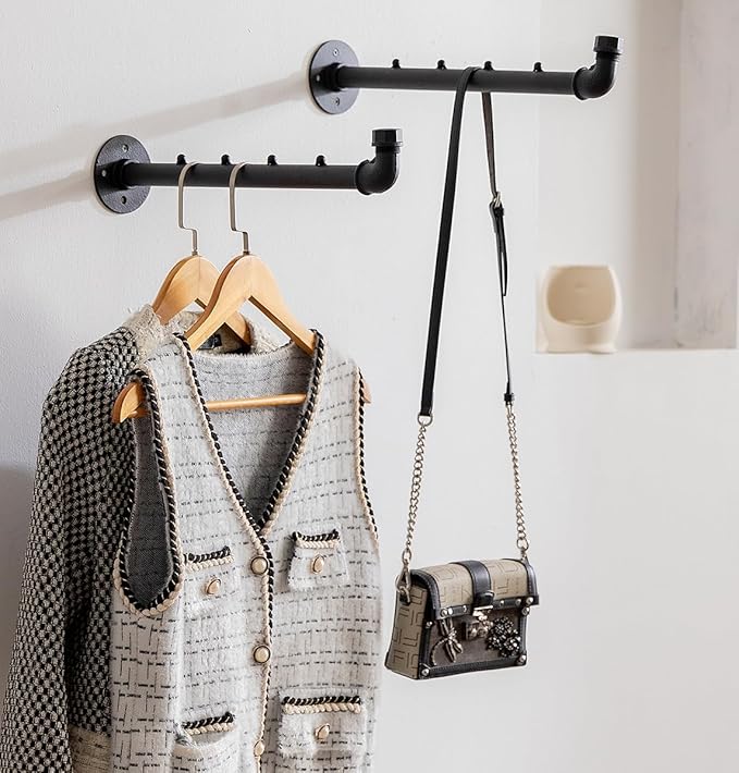 Industrial Wall Pipe Clothes Bar - Heavy Duty Metal Coat Hanger with Hook, Wall-Mounted Garment Holder Racks,Wall Clothing Racks/Hanging Rail, 2Pcs
