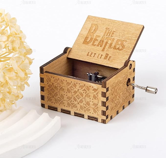 AUEAR, Let It Be Wooden Music Box Hand Crank Laser Engraved Vintage Musical Small Unique Gift for Birthday Wedding Christmas Valentines Day (Style E)