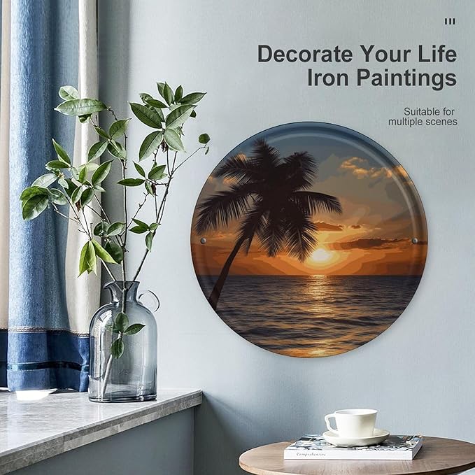Wall Picture, with Sunset Palm Tree Ocean Printed Circular Iron Hanging Picture,Wall Art Decor,Home for Bedroom Living Room Bathroom Decor,Iron Painting 11.8X11.8 in