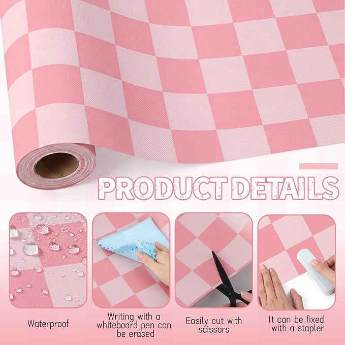 Hahafelt 16 in x 40 Ft Fabric Bulletin Board Roll Pink Plaid Bulletin Board Classroom Non Woven Background Decorations Waterproof Wrinkle Resistant Fabric Roll for Back to School Wall Decor