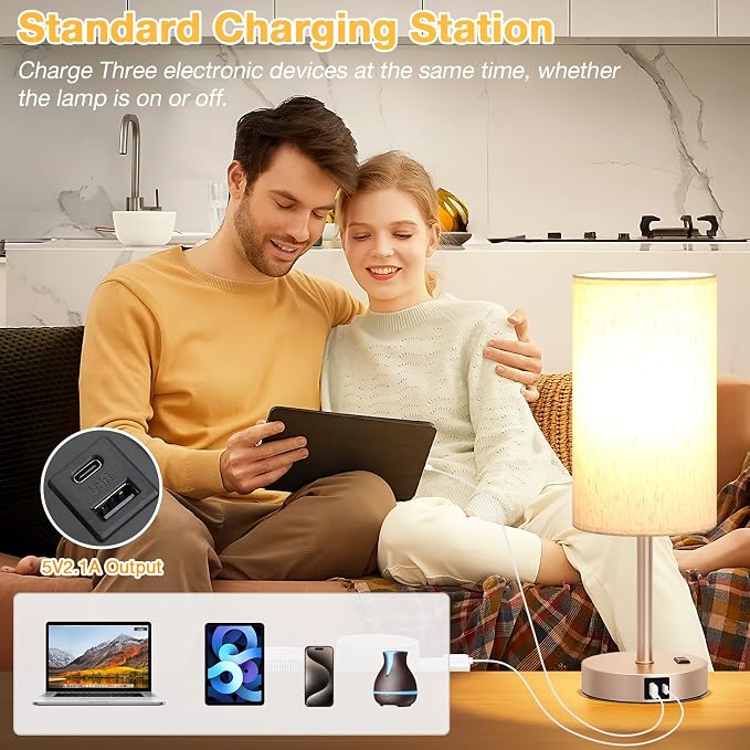 Dicoool Touch Bedside Table Lamp with USB - 3 Way Dimmable Lamp for Bedroom Nightstand, Desk Lamp with Charging Station for Dorm, Office, Living Room,Kids Room