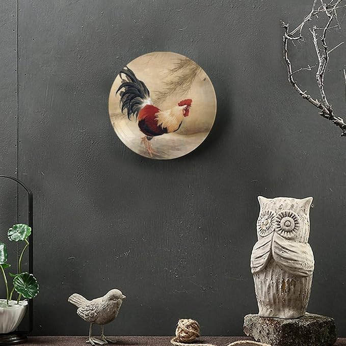 Rooster Decorative Plate Holder, 8 Inch, Rooster In The Reeds Round Display Plate, Hanging Decorative Plate with Display Stand, for Display Living Room Kitchen Closet Table Decor