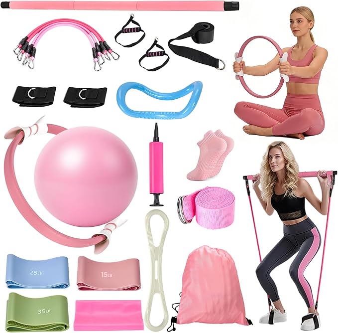 9-Piece At Home Pilates Kit for Beginners & Women | Complete Pilates Equipment Set with Ring, Yoga Ball, Resistance Bands & Pilates Bar