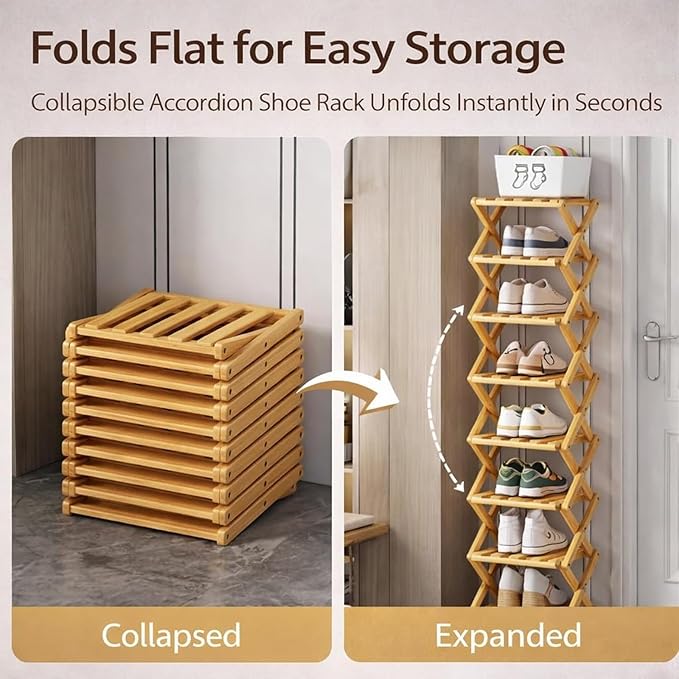 DDRIC The 9-Tier No-Assembly Bamboo Rack, Foldable 9 Tier Bamboo Shoe Rack with Collapsible Vertical Design, Space-Saving Shoe Storage Shelf for Entryway Closet Dorm, No-Tool Assembly (Brown,9)