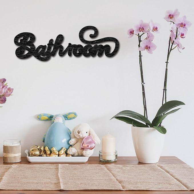 CREATCABIN Word Cutout Sign Bathroom Laser Cut Wood Letter Sign Wall Decor Unfinished Wooden Signs Wall Art Basswood Hanging Sculpture Decor for Crafts DIY Farmhouse Door Black 11.8x3.9Inch