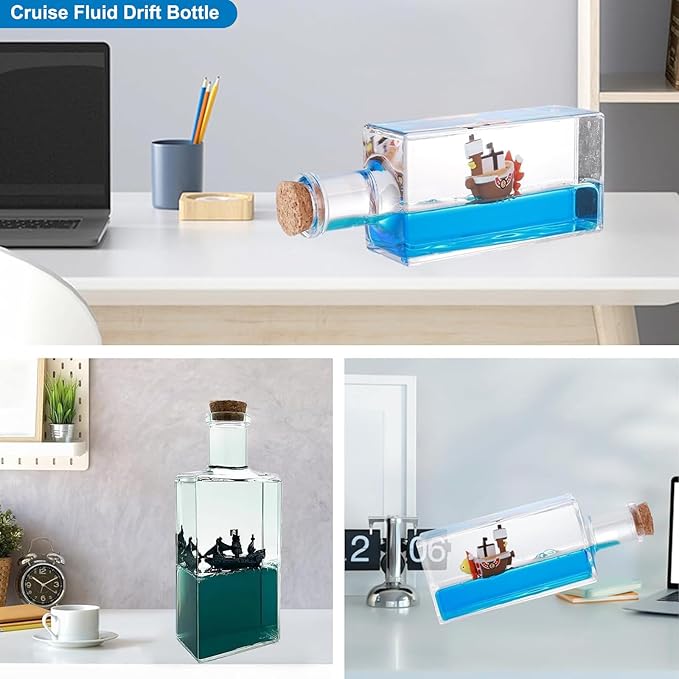 Unsinkable Boat One Thousand Pirate Ship Piece Model Sunny Ornaments in a Bottle Box Acrylic Cruise Ship Fluid Drift Paperweight Desk for Decoration Boys Girls Gifts (Blue-b)