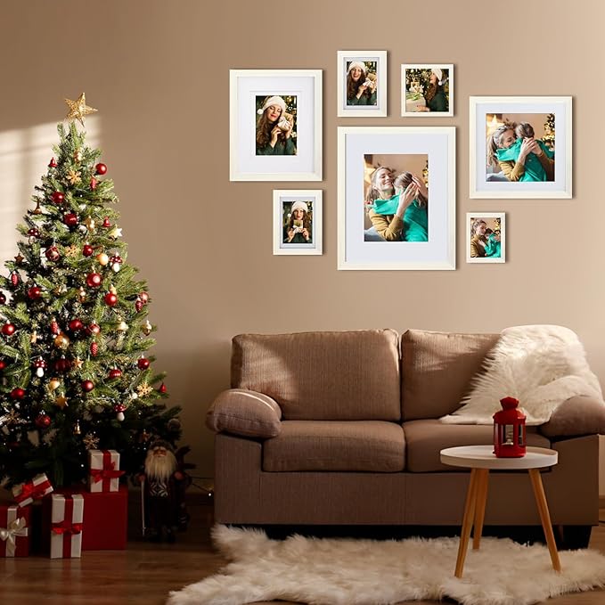 Egofine 8x10 Picture Frames Set of 4, Made of Solid Wood Covered by Plexiglass 4x6 and 5x7 with Mat or 8x10 without Mat, for Table Top Display and Wall Mounting Photo Frame Beige