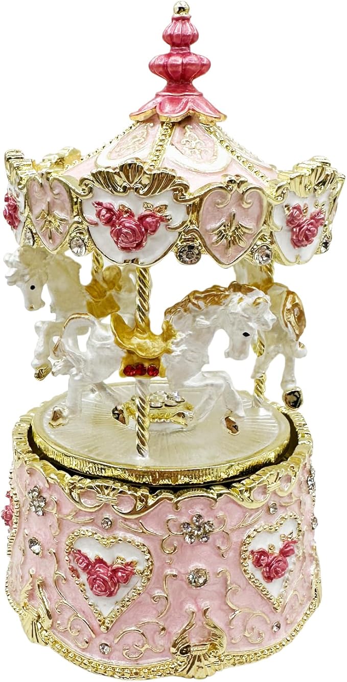 Carousel Music Box Figurine Pink Enamel, Rose Accents, Golden Details, Ideal Home Decor & Gift Giving