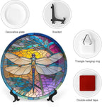 Decorative Plates, Stained Glass Window Design w/Dragonfly Display Plate for Home Office Kitchen Table Decor Porcelain Plates 8 Inch, Birthday Gifts