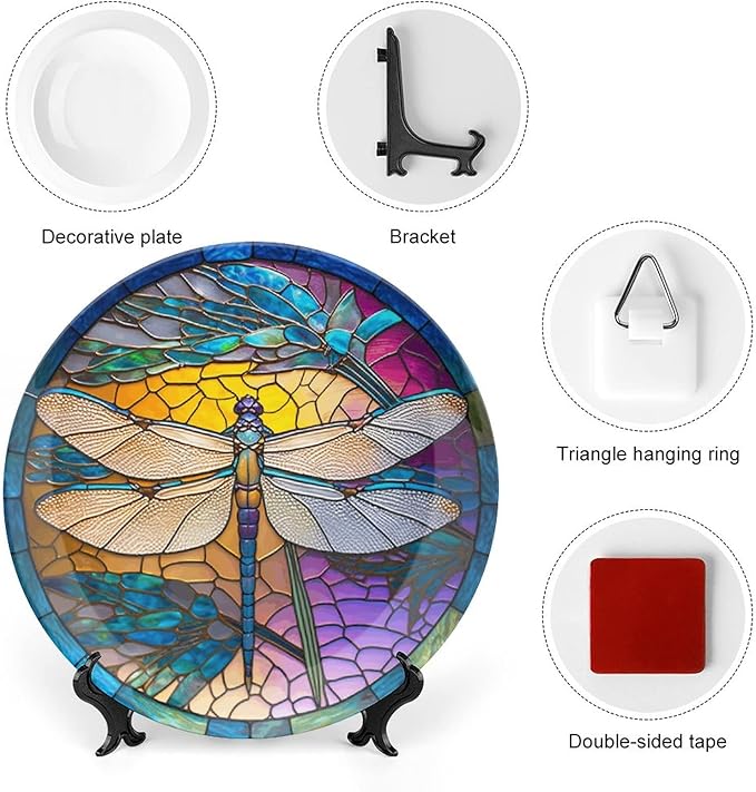 Decorative Plates, Stained Glass Window Design w/Dragonfly Display Plate for Home Office Kitchen Table Decor Porcelain Plates 8 Inch, Birthday Gifts