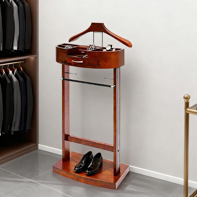 Valet Stand for Men, Wood Suit Valet Stand with Drawer for Women Wood Clothing valet stand with Top Tray, Contour Hanger, Trouser Bar and Shoe Rack Organizer