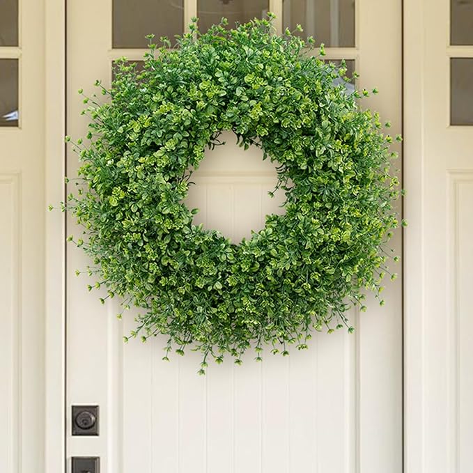 28 Inch Large Boxwoods Wreaths for Front Door Artificial Green Leaves Greenery Indoor Outdoor Wreath Home Decor Porch Window Wall Farmhouse Door Decorations Spring Summer Fall All Seasons