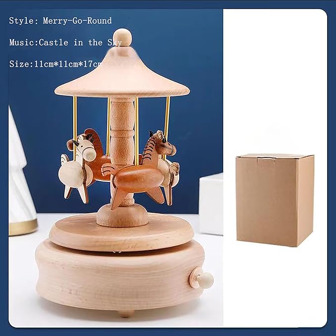 Natural Solid Wood Handcrafted Beech Wooden, Musical FigureTotoro/Carousel/Fairy/Ballerina Figurine,Rotating Hand Crank Mechanism Music Box,Musical Decorations (Merry-go-Round)