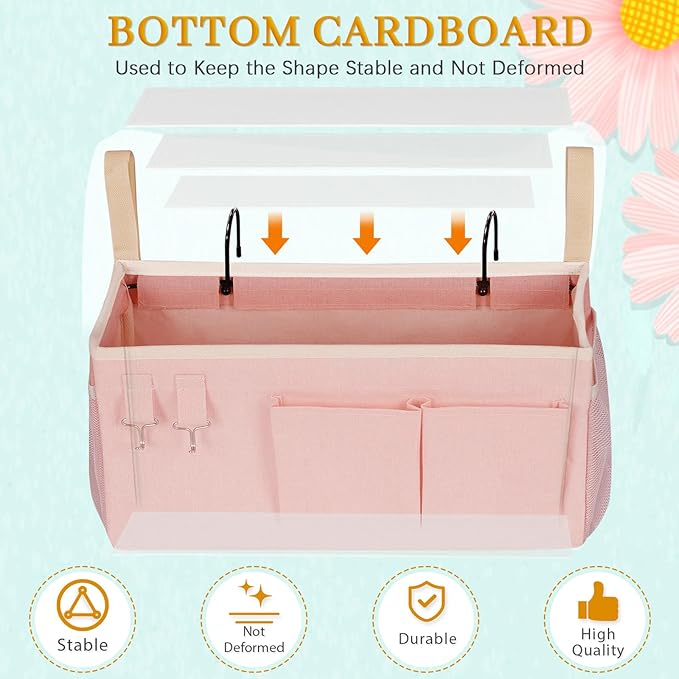 Bedside Storage Caddy/Bedside Hanging Storage Bag for Headboards Bunk Beds Dorm Rooms Book Phone Magazine Holder (Light Pink)