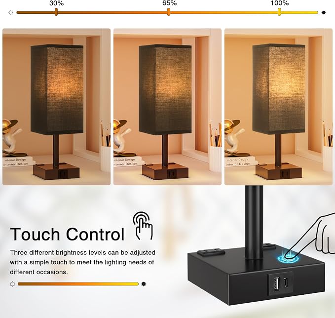 Touch Bedside Table Lamp for Nightstand - 3-Way Dimmable Night Lamp with USB A + Type C Charging Ports and Two AC Outlets, Small Desk Light with E26 LED Bulb for Bedroom Living Room Dorm Office,Black