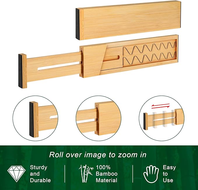 4 Pack Bamboo Drawer Dividers 2.6" High, Adjustable Length from 12 Inch to 17 Inch, Expandable Kitchen Drawer Organizer Separators for Clothes, Kitchen, Bedroom, Dresser, Office (Beige)