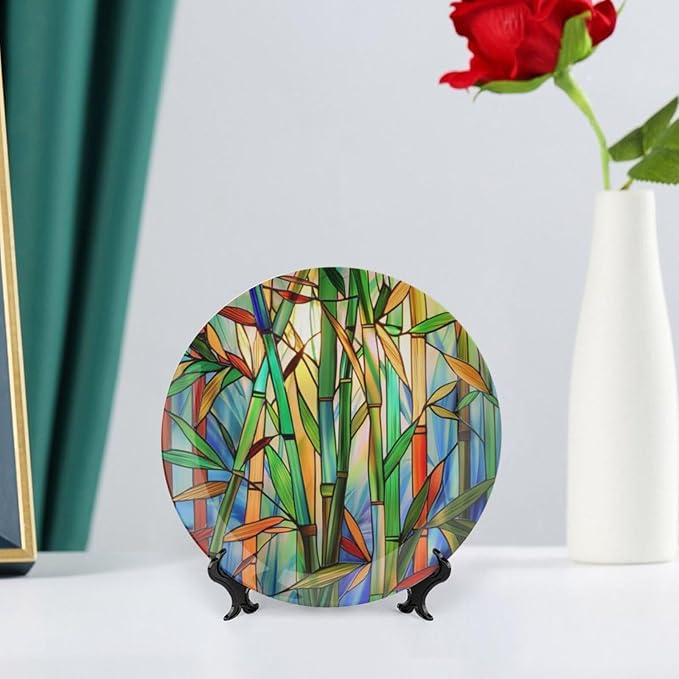Stained Glass Theme Decorative Ceramic Plate Round Porcelain Plate,7 inch,Bamboo Pattern,for Decorative Ornaments Giving Plates, 1 Plate with 1 Display Stand,Green Blue Orange