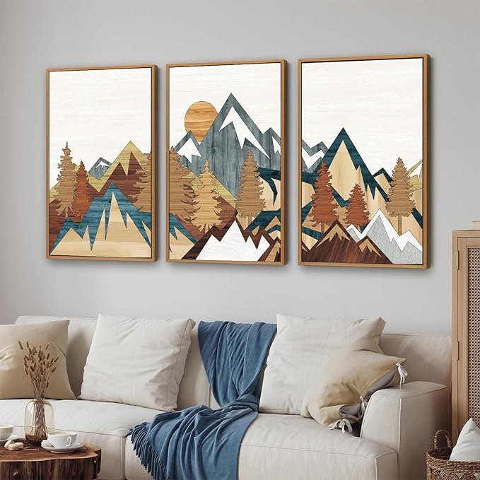 SIGNINART Vintage Mountain Framed Canvas Wall Art, Boho Sunrise Art Prints, Forest Nature Wilderness Art Paintings, Modern Farmhouse Woodcut Style Wall Decor for Living Room Bedroom, Office 16"x24"x3