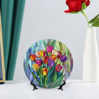Stained Glass Theme Decorative Ceramic Plate Round Porcelain Plate,8 inch,Tulip Pattern,for Decorative Ornaments Giving Plates, 1 Plate with 1 Display Stand,Multicolor