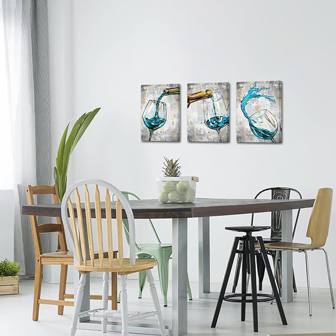 Conipit Wine Wall Art Teal Grey Wall Decor Teal Wineglass Pictures Vintage Wine Canvas for Kitchen Dining Room Framed Giclee Modern Wall Decor 12x16inch per each