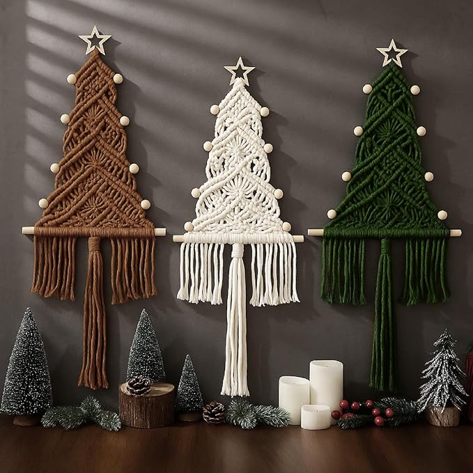 HunnmingRe 3 Pcs Large Macrame Christmas Tree Macrame Christmas Wall Decoration Hanging Ornaments Boho Wall Decor for Party Supplies (Beige,Brown and Army Green)