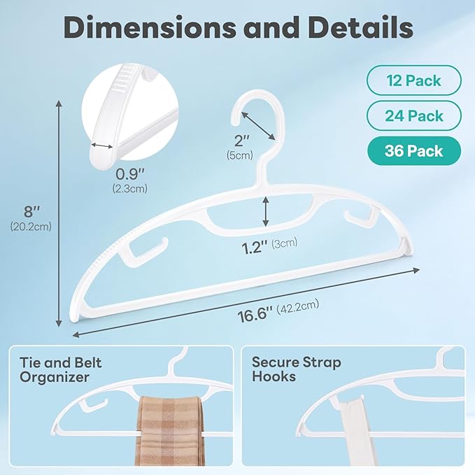 HOUSE DAY Plastic Clothes Hangers 36 Pack, Sweater Hangers No Shoulder Bump, Thick Heavy Duty Coat Hanger for Closet, White Wide Hanger with Non-Slip Hook for Sweaters, Suits, Dresses, Jackets, Pants