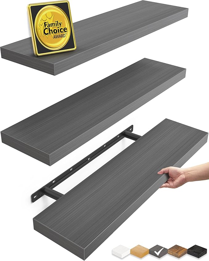 BAYKA Floating Shelves for Wall, Set of 3, 22.5 Inches Wall Mounted Rustic Wood Shelves for Bathroom, Bedroom, Living Room or Kitchen Decor, Storage for Books, Lego, Plants, Gray