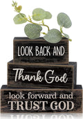 Lineshading 4 Pcs Christian Table Decor Inspirational Gifts for Women Look Back and Thank God Look Forward and Trust God Wooden Block Signs Farmhouse Christian Centerpiece for Mother's Day Home Office