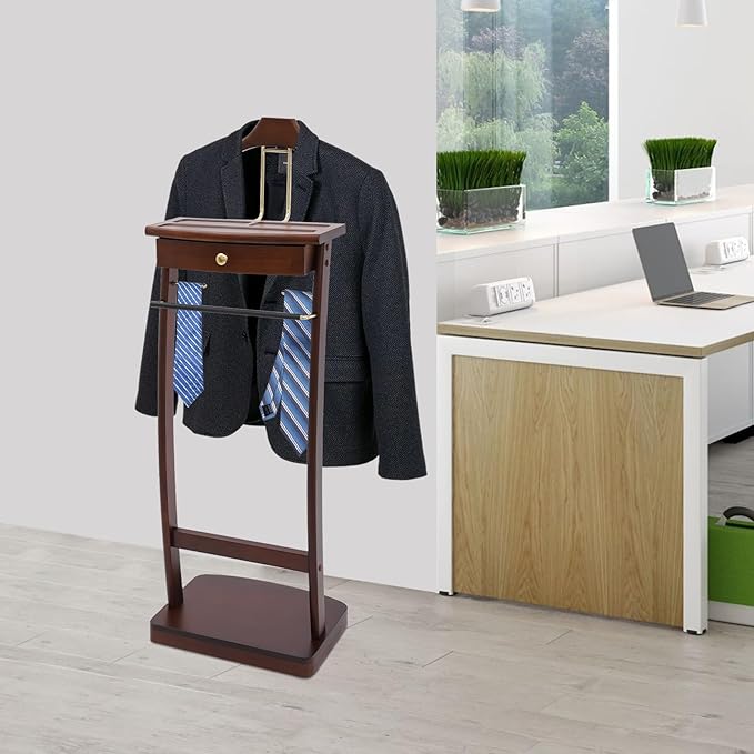 Suit Valet Stand, Brown Wood Valet Stand with Base, Contour Hanger, Tray, Trouser Bar and Tie Bar, Wood Mens Valet Stand for Bedroom Entryway Home Living Room Office