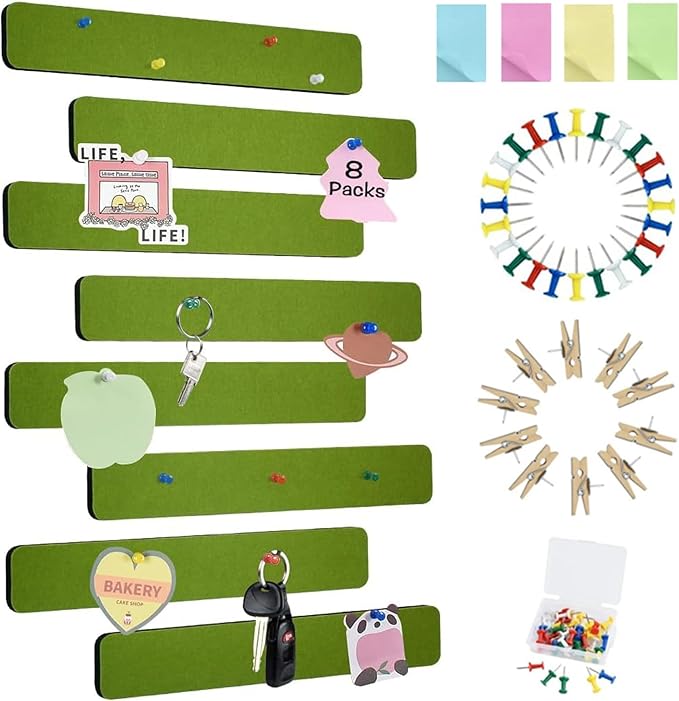 Vuzvuv 8 pcs Bulletin Board Bar Strips with 50 Pushpins & 10 Wooden Clip pins，Self Adhesive Cork Board for Wall，Felt Pin Board for School，Office Decor(Olive Green)