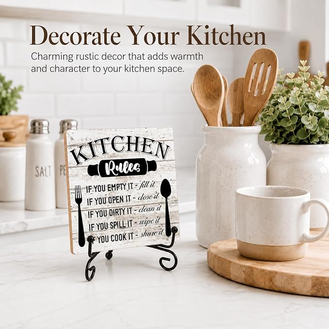 Rustic Wood Plaque with Stand - Kitchen Decor - Kitchen Rules Wood Sign - Idea Wooden Decor for Home Living Room Dining Room Shelf Table Decoration (31)