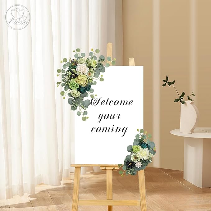 Odouzy Artificial Wedding Arch Flowers for Wedding Sign,Set of 2 for Wedding Welcome Ceremony Sign,Faux Floral Swags,Wedding, Banquet and Reception Backdrop Floral Decoration (Dark Green)
