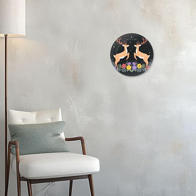 Decorative Plates for Display 8" Symmetrical Deer Floral Arrangement Starry Night Sky Ceramic Ornament with Display Stand and Hook Up for Wall Decor Hanging Festival Wedding Gift