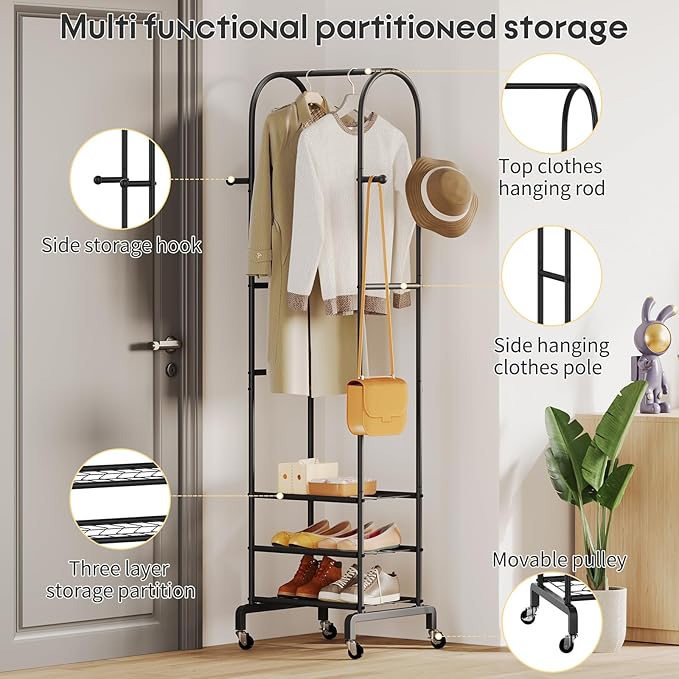 Garment Rack with Wheels,Small Metal Coat Rack With 4 Hooks,Freestanding Heavy Duty Clothing Rack with Shoe Shelves,Hanging Rod for Small Space,Bedroom,Entryway, Office, Living Room (Black)