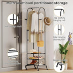 Garment Rack with Wheels,Small Metal Coat Rack With 4 Hooks,Freestanding Heavy Duty Clothing Rack with Shoe Shelves,Hanging Rod for Small Space,Bedroom,Entryway, Office, Living Room (Black)